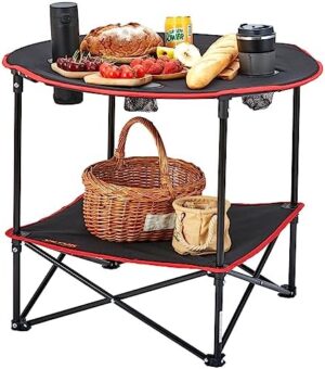 VEVOR Folding Camping Table, Outdoor Portable Oxford Fabric Ultra Compact Fold Up Lightweight Side Table with 4 Cup Holders & Carry Bag, for Beach, Picnic, Travel, Hiking, Fishing, 28'' x28'', Black