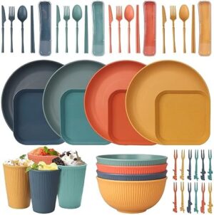 48 Pcs Dinnerware Sets, Unbreakable Plates and Bowls Sets, Reusable Dinnerware Sets for 4 People, Travel Camping Picnic Home Party Cutlery Set, Dishwasher Microwave Safe Dishes