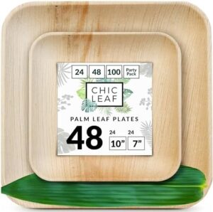 Chic Leaf Palm Leaf Disposable Plates - Bamboo Plates Disposable 10 Inch & 7 Inch Square (48 Pc) Compostable & Biodegradable, Better than Plastic Plates - Heavy-Duty, Party Plates Dinnerware Set