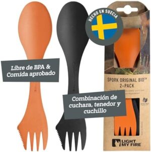 Light My Fire Spork Original 3-in-1 Camping Spoon Fork Knife Combo Reusable Travel & Camping Utensils Lunch Spork Outdoor Backpacking Hiking Picnic Utensil BPA Free, 2-Pack Orange/Black