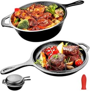 2-in-1 Dutch Oven,Cast Iron Pan(3.4QT) and Cast Iron Skillet(1.6QT) Unite,Cast Iron Pan with Lid,Preseasoned Cast Iron Pots and Pans Set,All-in-One Cast Iron Cookware Set for camping lodge or RV