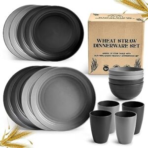 Wheat Straw Dinnerware Set For 4, Taleti 16 Piece Wheat Straw Dinnerware, Unbreakable Plastic Dinnerware, Dishwasher & Microwave Safe Dinnerware, Dinnerware Set For Dorm Outdoor Camping, Black & Grey