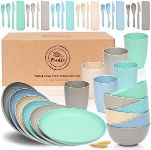 FOODLE Wheat Straw Dinnerware Sets for 6 - Lightweight & Unbreakable Camping Dishes - Microwave & Dishwasher Safe - Perfect for Picnic, Dorm, RV - Plates, Cups and Bowls Set - Great for Kids & Adults