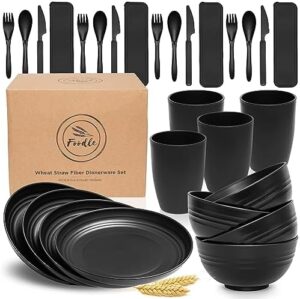 FOODLE Wheat Straw Dinnerware Sets for 4 - Alternative for Plastic Dishes - Lightweight & Unbreakable - Microwave & Dishwasher Safe - Perfect for Outdoor, RV, Dorm - Camping Plates Cups and Bowls Set