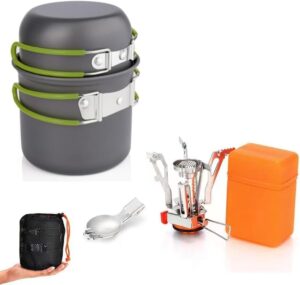 Camping Cookware Camping Pot and Pan Set with Mini Camping Stove Stainless Steel Spork and Cleaning Tools Cooking Gear for Outdoor Hiking Campfire