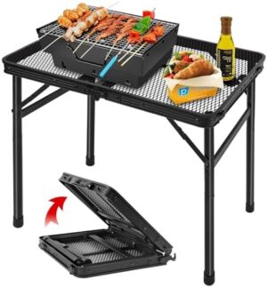 Folding Grill Table Camping Table with Mesh Desktop, Lightweight & Portable Outdoor Picnic Table, Height Adjustable Portable Grill Table for Outside Inside Use