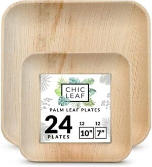 Chic Leaf Palm Leaf Disposable Plates - Bamboo Plates Disposable 10 Inch & 7 Inch Square (24 Pc) Compostable & Biodegradable, Better than Plastic Plates - Heavy-Duty, Party Plates Dinnerware Set