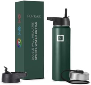 IRON °FLASK Camping & Hiking Hydration Flask, Wide Mouth, 3 Straw Lids, Stainless Steel Outdoor Water Bottle, Double Walled, Insulated Thermos, Metal Canteen - Dark Pine, 22 Oz