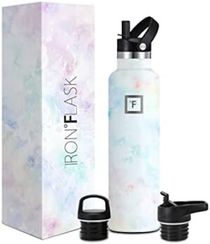 IRON °FLASK Camping & Hiking Hydration Canteens - 3 Lids (Narrow Straw Lid) Leak Proof Vacuum Insulated Stainless Steel - Hot & Cold Double Walled Sports Water Bottle - Pearl, 24 Oz