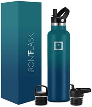 IRON °FLASK Sports Water Bottle - 3 Lids (Narrow Straw Lid) Leak Proof Vacuum Insulated Stainless Steel - Hot & Cold Double Walled Insulated Thermos, Durable Metal Canteen - Dark Night, 24 Oz