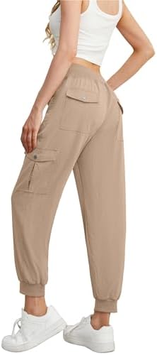 GRECERELLE Women's Lightweight Elastic Waist Cargo Pants with Buttoned Pockets for Summer Outdoor Hiking Jogging Traveling