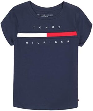 Tommy Hilfiger Girl's Short Sleeve T-shirt With Flag Logo, Cotton Blend Tee With Tagless Interior