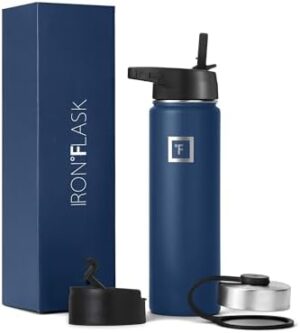 IRON °FLASK Camping & Hiking Hydration Flask, Wide Mouth, 3 Straw Lids, Stainless Steel Outdoor Water Bottle, Double Walled, Insulated Thermos, Metal Canteen - Twilight Blue, 22 Oz