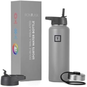 IRON °FLASK Camping & Hiking Hydration Flask, Wide Mouth, 3 Straw Lids, Stainless Steel Outdoor Water Bottle, Double Walled, Insulated Thermos, Metal Canteen - Graphite Slate, 40 Oz