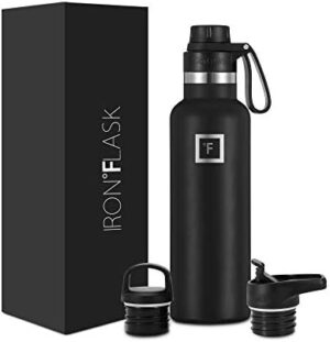 IRON °FLASK Camping & Hiking Hydration Canteens - 3 Lids (Narrow Spout Lid) Leak Proof Vacuum Insulated Stainless Steel - Hot & Cold Double Walled Sports Water Bottle - Midnight Black, 20 Oz