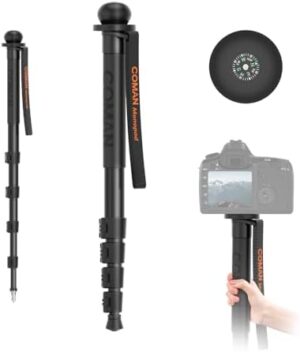 Coman Collapsible Trekking Pole Monopod with Compass Lightweight Walking Stick for Hiking and Trekking Aluminum Telescopic Camera Monopod with feet and Pan Tilt Fluid Head for DSLR Video Cameras