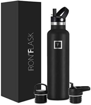 IRON °FLASK Camping & Hiking Hydration Canteens - 3 Lids (Narrow Straw Lid) Leak Proof Vacuum Insulated Stainless Steel - Hot & Cold Double Walled Sports Water Bottle - Midnight Black, 24 Oz