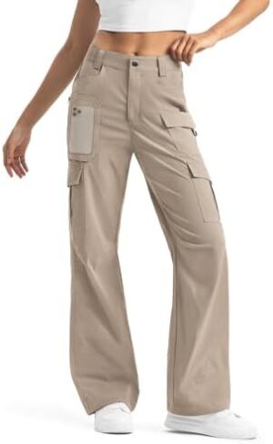 Women's-Cargo-Hiking-Pants-High-Waisted Wide Leg Water Resistance Lightweight Stretch for Work Casual Outdoor