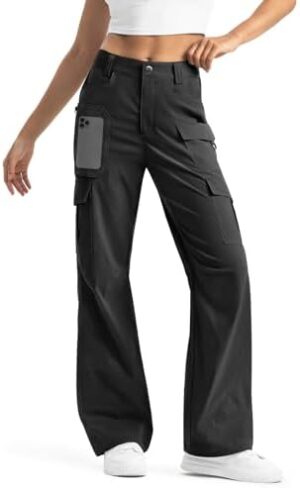 Women's-Cargo-Hiking-Pants-High-Waisted Wide Leg Water Resistance Lightweight Stretch for Work Casual Outdoor