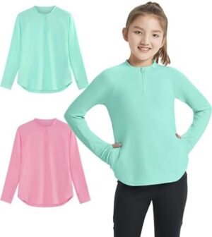 EXARUS Girls Long Sleeve Rash Guard Shirts Athletic Quick Dry Tops UPF 50+ Tees with Pockets Thumb holes Workout Teens