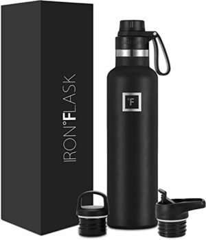 IRON °FLASK Camping & Hiking Hydration Canteens - 3 Lids (Narrow Spout Lid) Leak Proof Vacuum Insulated Stainless Steel - Hot & Cold Double Walled Sports Water Bottle - Midnight Black, 24 Oz