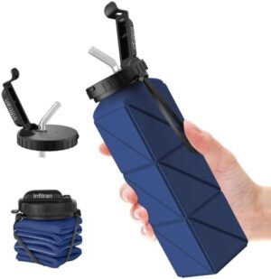 Collapsible Water Bottles, BPA-Free Silicone Foldable Water Bottle Cup with Straw Strap 20.6oz,Leak-Proof Durable Lightweight Bottle for Gym Travel Camping Hiking Running Sport,DarkBlue