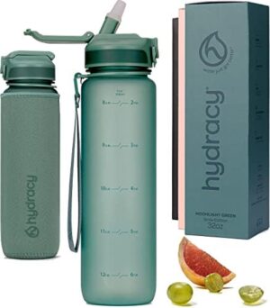 Hydracy Water Bottle with Time Marker -Large BPA Free Water Bottle & No Sweat Sleeve -Leak Proof Gym Bottle with Fruit Infuser Strainer & Times to Drink -Ideal Gift for Fitness Sports & Outdoors