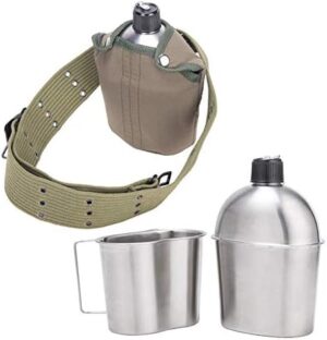 DARTMOOR G.I. Army Stainless Steel Canteen Military with Cup and Green Nylon Cover Waist Belt for Camping Hiking