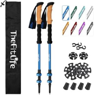 TheFitLife Trekking Poles for Hiking and Walking - Lightweight 7075 Aluminum with Metal Flip Lock and Natural Cork Grip, Walking Sticks for Men, Women, Collapsible, Telescopic, Camping Gear