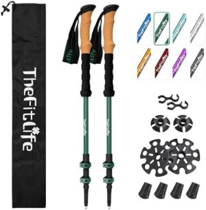 TheFitLife Trekking Poles for Hiking and Walking - Lightweight 7075 Aluminum with Metal Flip Lock and Natural Cork Grip, Walking Sticks for Men, Women, Collapsible, Telescopic, Camping Gear