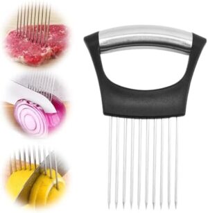 Onion Holder for Slicing, 2024 Upgrade Stainless Steel Onion Slice Holder Lemon Slicer Vegetable Cutter, Multifunctional Slice Fixing Artifact Onion Insert Onion Chopper (Black#1PC)