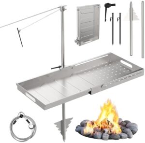 Adjustable Swivel Campfire Grill,Heavy-Duty BBQ Grill for Outdoor Open Flame Cooking, 2-in-1 stainless steel telescopic Griddle and Grill,Specially Ground Pegs for Stability.