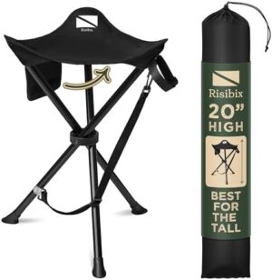 Foldable Tripod Stool - Ultra Portable Seat for Tall People, 20” High - Hunting Chair & Hidden Zippered Pocket - 2 lb Camping Stool, 3 Legged Strong Steel Stool Holds up to 200 lb (Black)