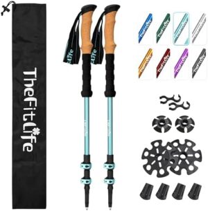 TheFitLife Trekking Poles for Hiking and Walking - Lightweight 7075 Aluminum with Metal Flip Lock and Natural Cork Grip, Walking Sticks for Men, Women, Collapsible, Telescopic, Camping Gear