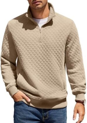 COOFANDY Mens Quarter Zip Pullover Quilted Sweatshirt Knit Long Sleeve Mock Neck Sweater Polo with Kangaroo Pocket