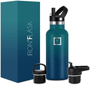 IRON °FLASK Camping & Hiking Hydration Canteens - 3 Lids (Narrow Straw Lid) Leak Proof Vacuum Insulated Stainless Steel - Hot & Cold Double Walled Sports Water Bottle - Dark Night, 16 Oz