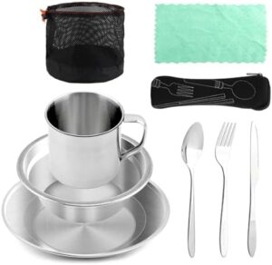 Camping Cutlery Set, 9pcs Portable Flatware Camping Cutlery Set Reusable Camping Cooking Tableware Bowl Plate Kit with Mesh Bag for Backpacking, Hiking, Picnics(Silver,Black)