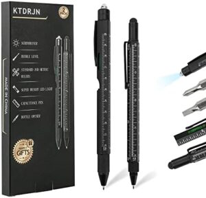 Tools for Men,Cool Gadgets,2 Pack 9 in 1 Multitool Pen Set with LED Light, Touchscreen Stylus, Ruler, Level, Bottle Opener,Flathead, and Ballpoint Pen(Black