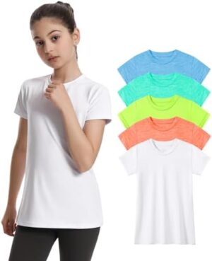 5 Pack Girls Athletic Shirts Short Sleeve Dry Fit Sports T-Shirts Crew Neck Activewear Tees Tops for Kids Teens