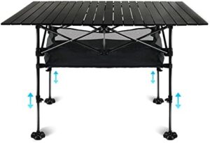 LEADALLWAY Adjustable Height Aluminum Camping Table Folding Portable Outdoor Table with Large Storage Organizer and Carrying Bags Big Foot Upgrade Collapsible Picnic Table 47(L) x22(W)