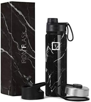 IRON °FLASK Camping & Hiking Hydration Flask, Wide Mouth, 3 Spout Lids, Stainless Steel Outdoor Water Bottle, Double Walled, Insulated Thermos, Metal Canteen - Black Marquina, 22 Oz