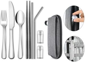 Travel Utensils Set with Splash-poof Bag, Portable Cutlery for Work, Reusable Camping Silverware Utensil, 18/0 Stainless Steel Flatware for Adult Lunch Picnic Hiking EDC Gadgets Lunch Box