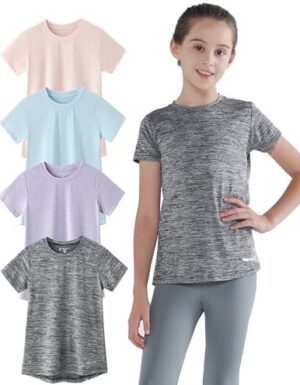 4 Pack: Youth Girls Athletic Shirts, Short Sleeve Dry Fit Apparel Tech Tshirts, Sports Activewear for Kids Teens