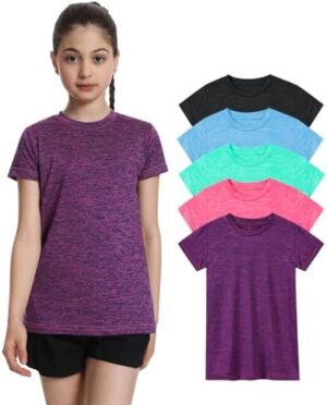 5 Pack Girls Athletic Shirts Short Sleeve Dry Fit Sports T-Shirts Crew Neck Activewear Tees Tops for Kids Teens