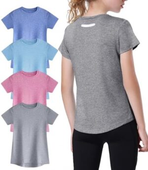 EXARUS 4 Pack Girls Athletic Shirts Quick Dry Short Sleeve Tshirts Crewneck Tee Workout Activewear Tops for Kids 8-16Y