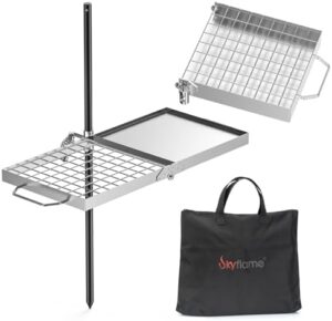 Skyflame Swivel Campfire Grill, 2 in 1 Stainless Steel Folding Camping Grill Grate and Griddle with Carrying Bag, Adjustable Campfire Grill for Fire Pit, Outdoor Open Flame Cooking