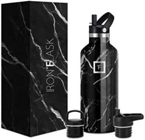 IRON °FLASK Camping & Hiking Hydration Canteens - 3 Lids (Narrow Straw Lid) Leak Proof Vacuum Insulated Stainless Steel - Hot & Cold Double Walled Sports Water Bottle - Black Marquina, 32 Oz