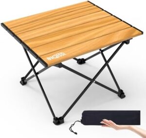 Folding Camping Table, Compact Portable Camping Side Table with Carrying Bag, Ultralight Aluminum Beach Table for Hiking, Camping, Picnicking, BBQ, Outdoor Cooking (Wood Small 16")