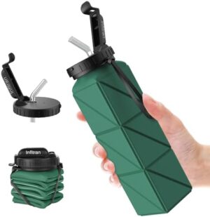 Collapsible Water Bottles, BPA-Free Silicone Foldable Water Bottle Cup with Straw Strap 20.6oz,Leak-Proof Durable Lightweight Bottle for Gym Travel Camping Hiking Running Sport,DarkGreen