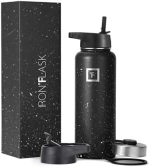 IRON °FLASK Camping & Hiking Hydration Flask, Wide Mouth, 3 Straw Lids, Stainless Steel Outdoor Water Bottle, Double Walled, Insulated Thermos, Metal Canteen - Black Speckle, 40 Oz